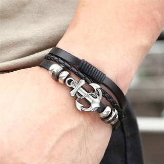 สร้อยข้อมือ กำไล ข้อมือ หนัง Charm Leather Mens Bracelets Handmade Multi-layer Anchor Bracelets Hooks Bracelets