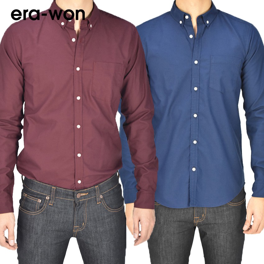 era-won เสื้อเชิ้ต ทรงสลิม Oxford Shirt สี Blue Song / Black Cherry (E19)