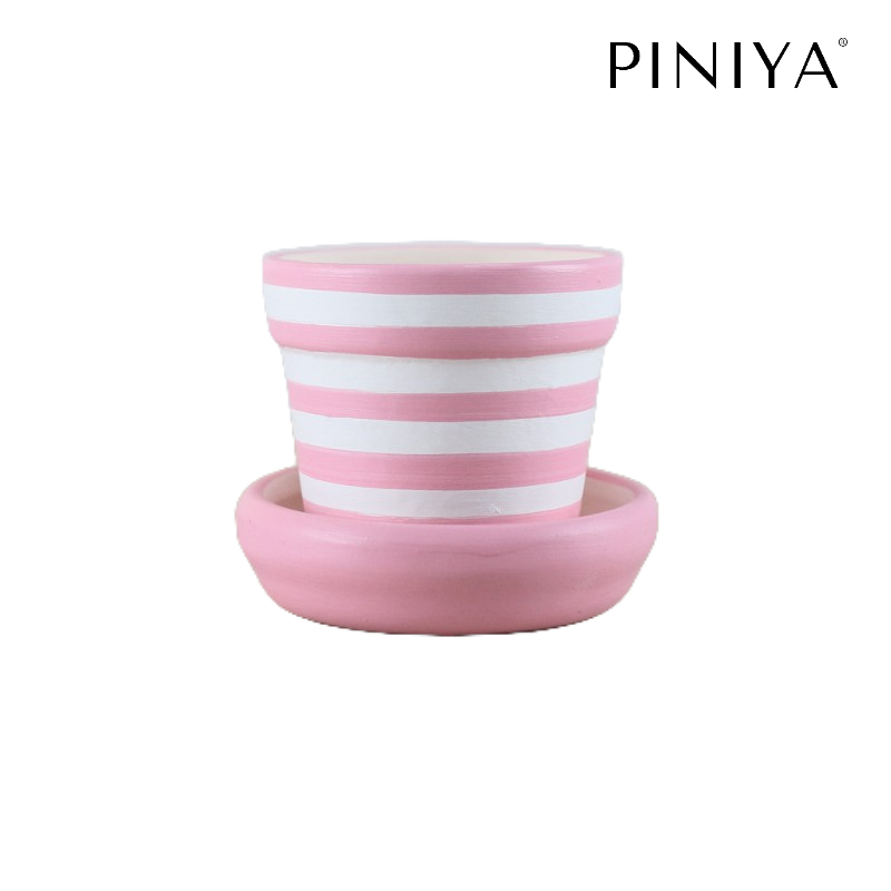Piniya พินิยา - กระถางต้นไม้ ดินเผา รุ่น กลมเล็ก, 9ซม., ลาย Lollipop, สี Pink (ชมพู), พร้อมจานรอง