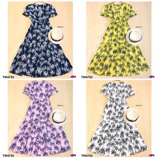 (4792) Maxi Dress แมกซี่เดรสคอวีลายต้นมะพร้าว  แขนสั้น