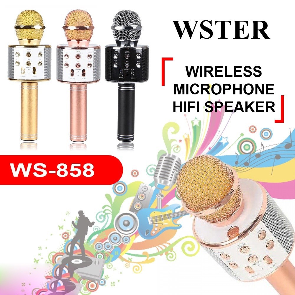 ไมโครโฟน +ลำโพงบลูทูธ รุ่นWS-858 คละสี ร้องคาราโอเกะได้ เปลี่ยนเสียงได้ 5 เสียง
