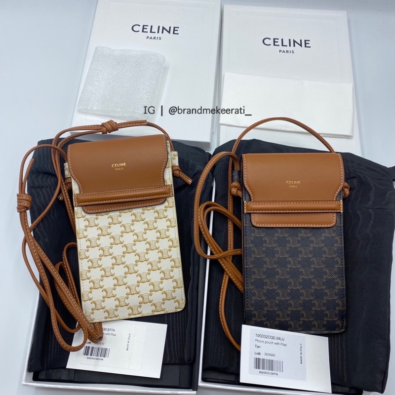 •• New •• Celine Phone Pouch with flap in Triomphe Canvas and Lampskin White/Tan
