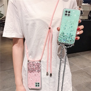 เคสโทรศัพท์ Samsung Galaxy A22 5G 4G 2021 New Style Casing Lanyard Bling Glitter Sequins Transparent Cover With Shoulder Strap Soft Case SamsungA22