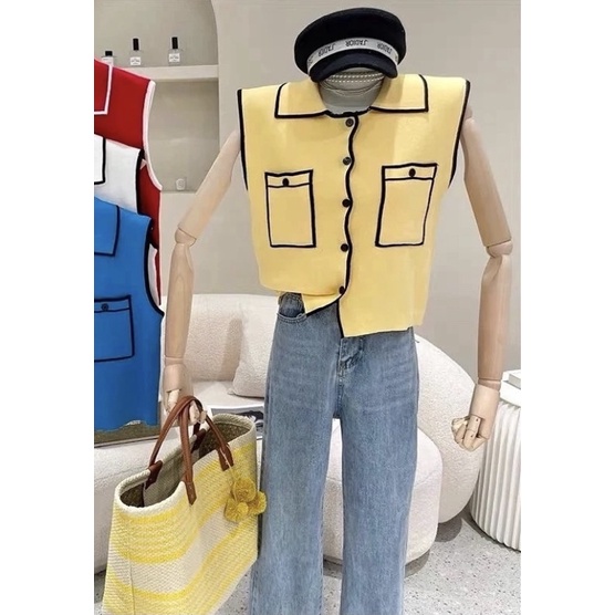 เสื้อไหมพรมคอปกแขนกุดแต่งขอบ [สีเหลือง] code:TGP