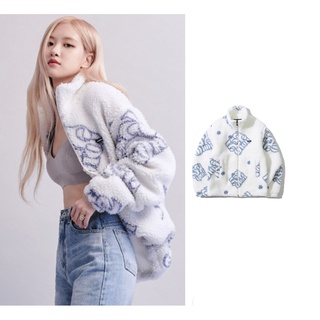 rose blackpink เสื้อคาร์ดิแกนแขนยาวผ้าขนแกะพิมพ์ลายดอกกุหลาบสําหรับผู้หญิง