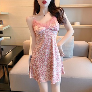 ชุดเดรส♂ↂขี้เกียจสีชมพูเสือดาวเซ็กซี่สีชมพูเสือดาวพิมพ์ suspender nightdress ลูกไม้ชุดนอนแขนกุดบางส่วนเซ็กซี่ชุดนอน