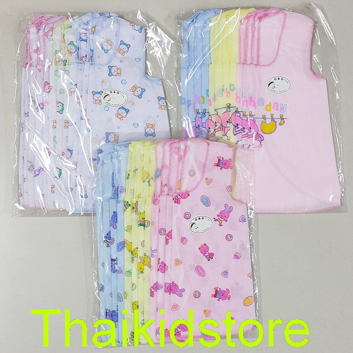 แพค 3 / 6 ตัว เสื้อเด็กอ่อน ผ้าป่าน เสื้อทรงกล้าม ผูกเชือกด้านหลัง พื้นสีพิมพ์ลายกระจาย พื้นสีสกรีน พื้นขาวลายกระจาย