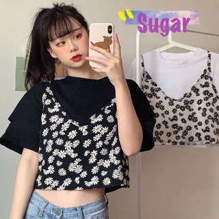 Sugar 🌈 พร้อมส่ง🌈 เสื้อยืดแขนสั้น เเต่สายเดี่ยวข้างหน้าลายดอกเดซี่ น่ารัก ชิคๆ 2JJ