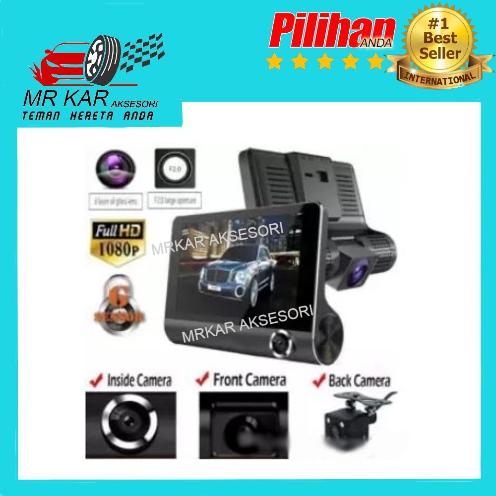 Tricam 3 เลนส์รถ Dash Cam Cam Cam Cam Cam Camcorder Dvr Recorder, ด้านหน้าและด้านหลัง