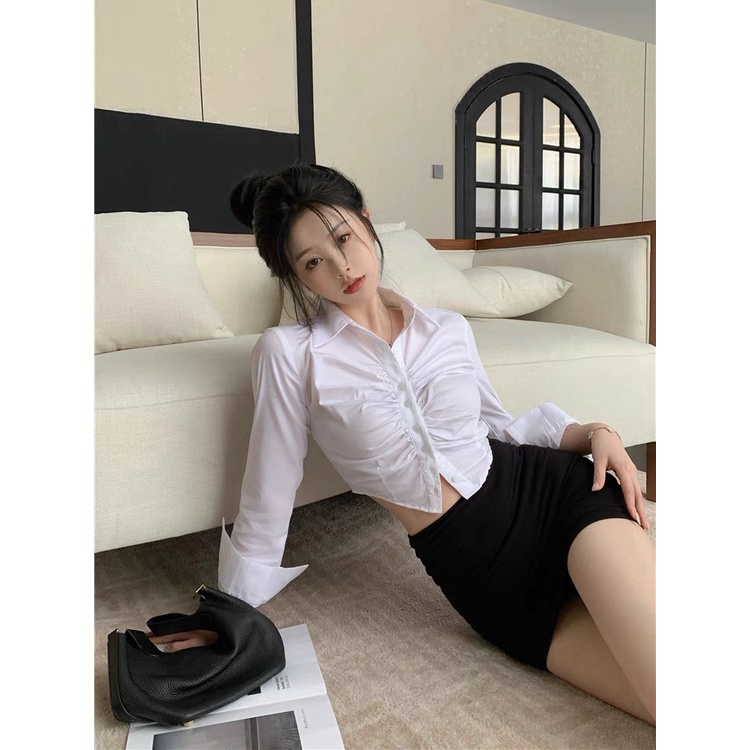 Cicishop(0815A)Mini Shirts เสื้อเชิ้ตครอปเว้าเอว ดีเทลเย็บตรงอกเก๋ๆ สไตล์เกาหลี - รูปที่ 5