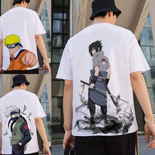 เสื้อยืดผ้าฝ้ายพรีเมี่ยม เสื้อลายนารูโตะNaruto แขนสั้นเสื้อยืดชายฤดูร้อนอะนิเมะรอบ One Piece Luffy หลวมนักเรียนเสื้อที่ก