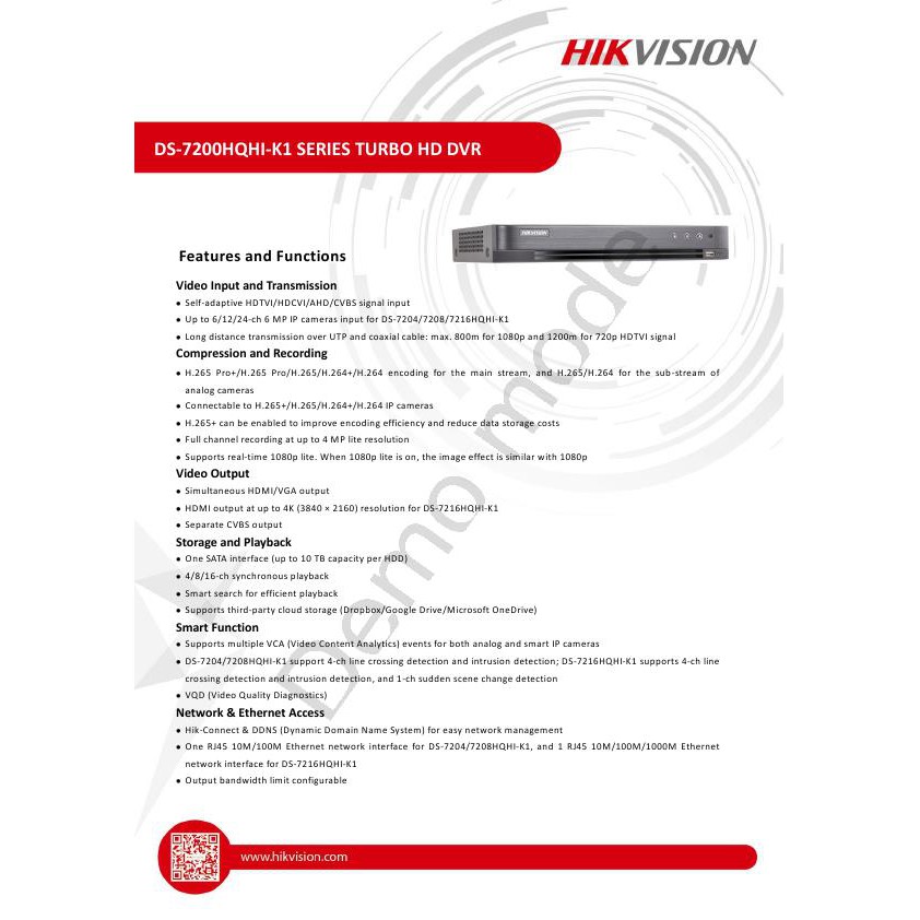 DS-7216HQHI-K1 Hikvision เครื่องบันทึกภาพ DVR 16Ch. H.265/H.265+