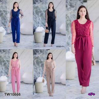 &lt;TW10666&gt;Jumpsuit จั๊มสูทขายาวแขนยาว เนื้อผ้าวูฟเวฟ ช่วงบนและแขนแต่งผ้ามุ้งตามสีผ้าปักจุด ซิปหลังยาว มีเชือกผูกเอว