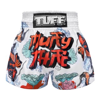 TUFF มวยไทย กางเกงมวยไทย สีขาว ลายปลาคราฟท์ TUFF Muay Thai Boxing Shorts White Japanese Koi Fish With Muay Thai Text