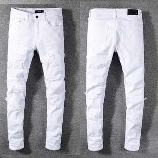 Amiri White Jeans Mens Slim Fit Stretch Jeans กางเกงยีนส์ 592 กางเกงยีนส์ทรงสลิมฟิตสำหร