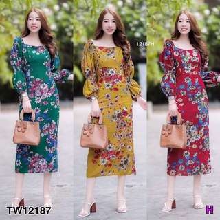 👗Pfashion [ส่งไว!!🚛] P12187 เดรสคอเหลี่ยมแขนยาวลายดอกSquare neck long sleeve floral dress