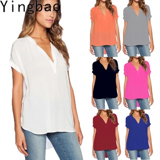 Yingbao S-4XL เสื้อเชิ้ตผู้หญิง แขนสั้น ผ้าชีฟอง หลวม ฤดูร้อน แฟชั่นใหม่ ชุดทํางาน สํานักงาน คอวี สุภาพสตรี หรูหรา พลัสไซซ์ สีดํา สีขาว สีแดง สีเทา สีน้ําเงิน พลัสไซซ์ใหญ่