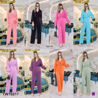 J16017 จั๊มสูทอัดพลีท #สาวอวบ อกไขว้ แขนยาว Pleated jumpsuit, cross bust, long sleeves