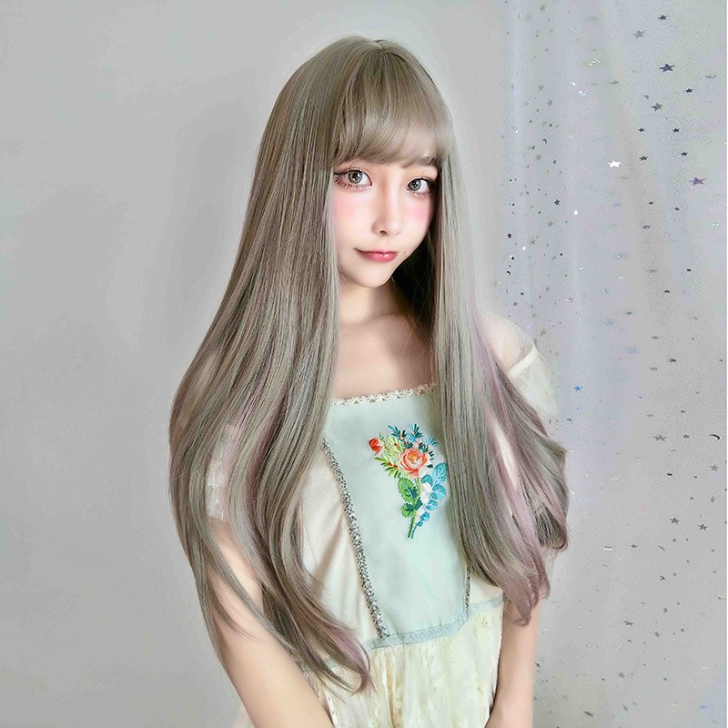 Korean Air Bangs Long Straight Hair Wig Female Cute Green Wood