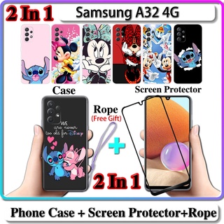 2 IN 1 เคส Samsung A32 4G เคส พร้อมกระจกนิรภัยโค้ง ป้องกันหน้าจอเซรามิค สติทช์ และมินนี่