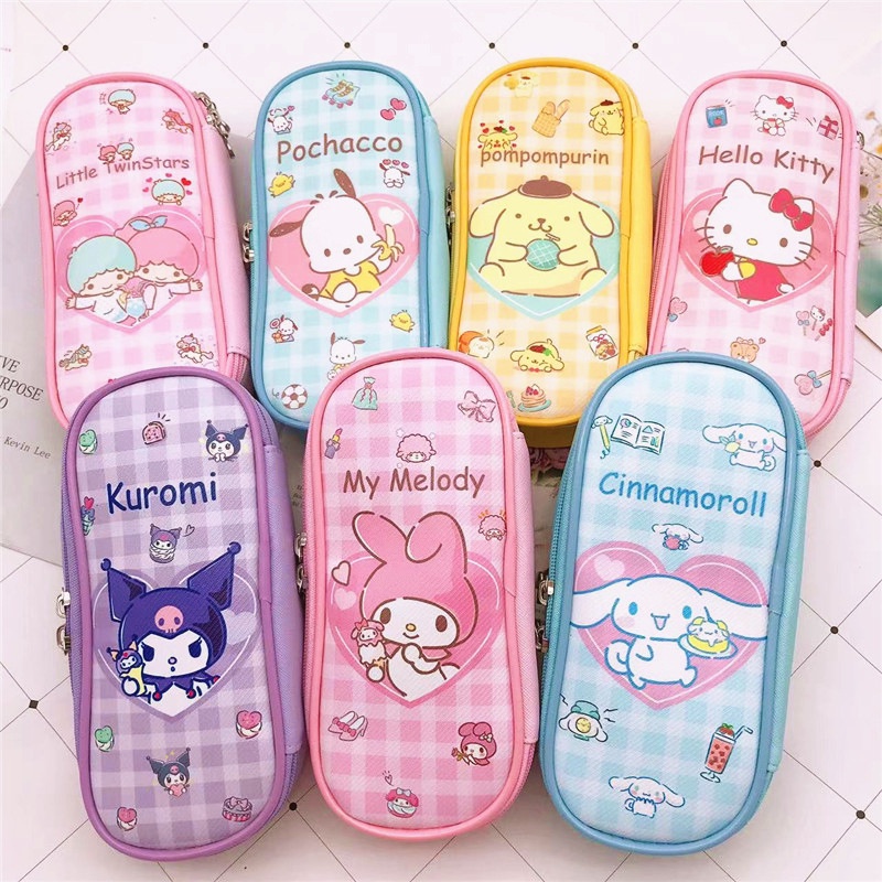 Sanrio กล่องเครื่องเขียน การ์ตูน ความจุขนาดใหญ่ กระเป๋าดินสอ PU ซิปคู่ กระเป๋าดินสอ เครื่องเขียนนักเรียน WJ095