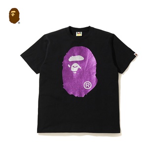 HH BAPE Mens Spring/summer Bright-faced Shiny Pink Ape Head Print Trend Casual Short-sleeved T-shirt  เสื้อยืดคอกลม