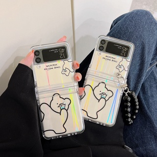 เคสโทรศัพท์มือถือแบบแข็ง ใส ลายการ์ตูนหมีน่ารัก พร้อมสายคล้องมือ สําหรับ Samsung Galaxy Z Flip 3 Z Flip3 ZFlip3 ZFlip 3