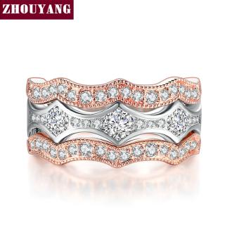 Zhouyang(โจวหยาง)ชุด  แหวนสำหรับผู้หญิง Cubic Zirconia หยักรูป 3pcs กุหลาบสีทองสีเงินแฟชั่นคลาสสิก YG064 เครื่องประดับ