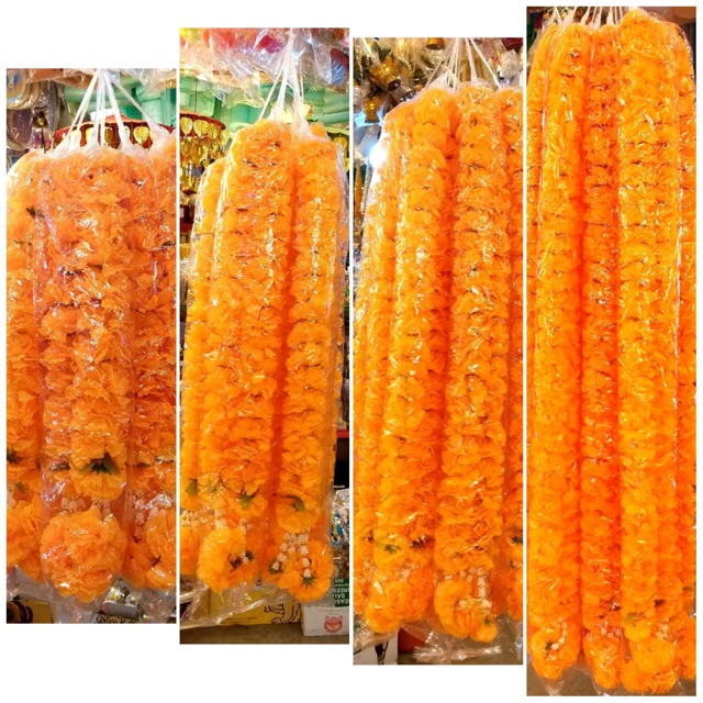 พวงมาลัยดาวเรือง ดาวเรืองผ้าดอกใหญ่ สีเหลืองทอง ขนาด 1,-3 เมตร งานจริงสวยมาก ราคาโรงงาน ส่งไวที่สุด