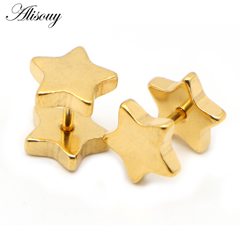 Alisouy 2 ชิ้น ใหม่ ทุกเพศ สเตนเลส บาร์เบล ต่างหูสตั๊ด คลาสสิก ห้าแฉก ดาว ต่างหูสกรู ด้านหลัง เจาะร่างกาย เครื่องประดับ