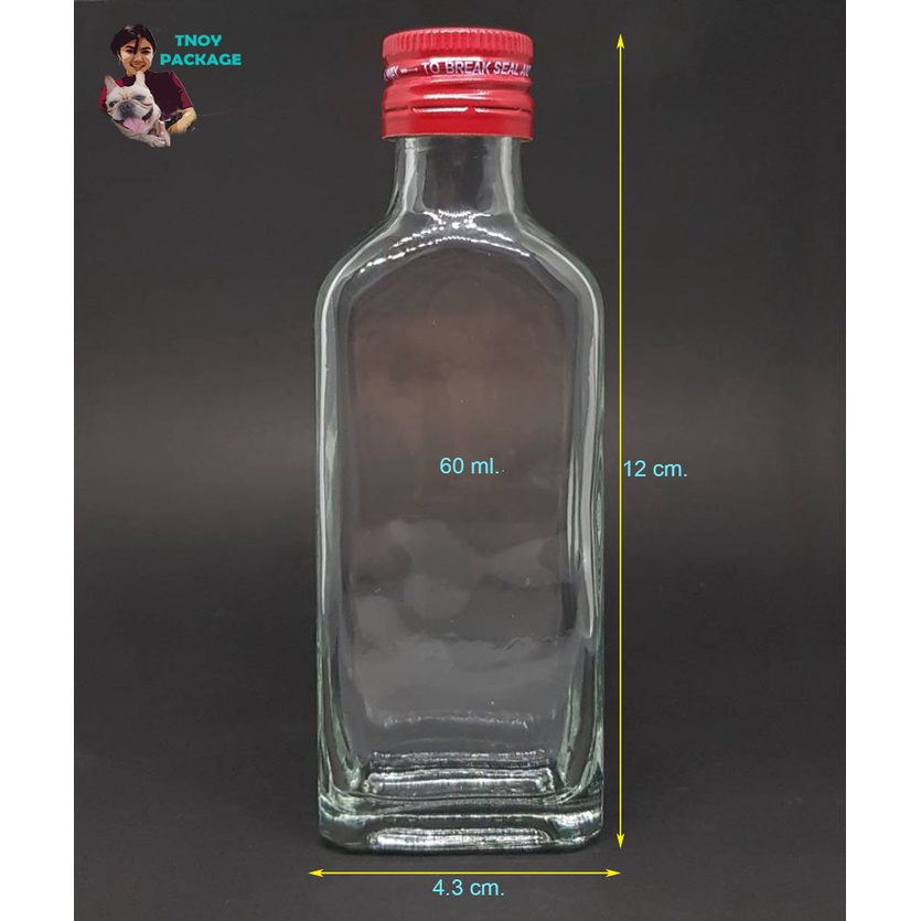 ขวด 60 มล. (12ใบ) ขวดแก้วแบน 60ml ขวดแก้ว ขวดใสแบนขนาด 60cc + ฝาโลหะ ฝาพลาสติก