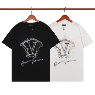 Versace ใหม่ เสื้อยืดลําลอง ผ้าฝ้าย แขนสั้น พิมพ์ลายเพชร สําหรับคู่รักS-5XL