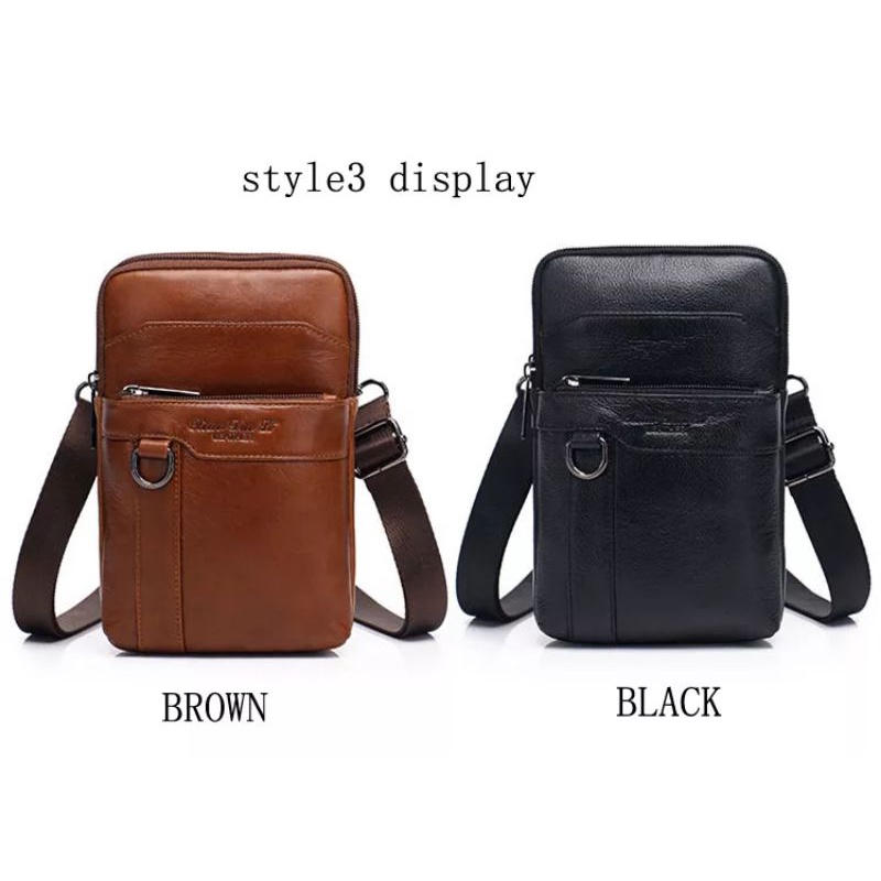Xiao Duo Li 1666 Mens Leather Sling Bag Black - Brown Slingbag Mobile Phone Bag