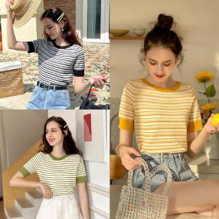 Womens Korean Style Casual Striped Short Sleeve Slim Knitted T-Shirts