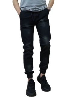 Jogger Pants กางเกงขาจั๊ม สีดำยีนส์ฟอกเอวสม็อคมีเชือกผูก ยืด สวมใส่สบาย Size 28-54 รับชำระปลายทาง มีไซส์ใหญ่