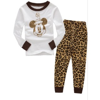 ใช้โค้ด BAAPR20 ลดเพิ่ม 20% เสือดาวเด็กสาวนอนชุดนอน Leopard Kids Girls Sleepwear Pajamas T-Shirt+Pants Outfits 2-7Yrs