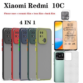 4 in 1 Xiaomi Redmi 10C 10A 9C เคสป้องกันเลนส์กล้อง กันกระแทก เคสโทรศัพท์แบบแข็ง ฝาหลังฝ้า + ฟิล์มเซรามิคนิ่ม + ฟิล์มเลนส์ + ฟิล์มด้านหลัง