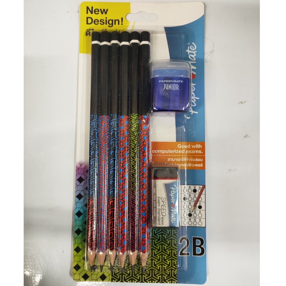 Paper Mate ชุดดินสอไม้ 2B พร้อมยางลบ+กบเหลาคละสี บรรจุ 6 แท่ง (4895151477971)