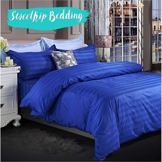 Sweet Kip Bedding ผ้าปูที่นอนขนาด 3.5ฟุต, 5ฟุต, 6ฟุต พร้อมผ้านวมขนาด 200 x 220 เซ็นติเมตร สีพื้นน้ำเงินริ้ว