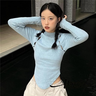 เสื้อยืดแขนยาว คอเต่า เปิดเอว แฟชั่นฤดูร้อน สําหรับผู้หญิง
