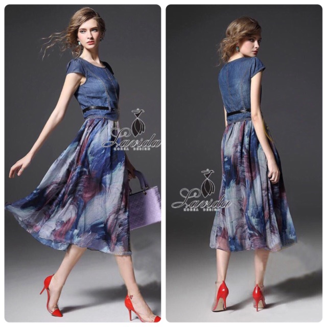 🍭Korea Design By Lavida  shirt blue denim long  maxi dress
