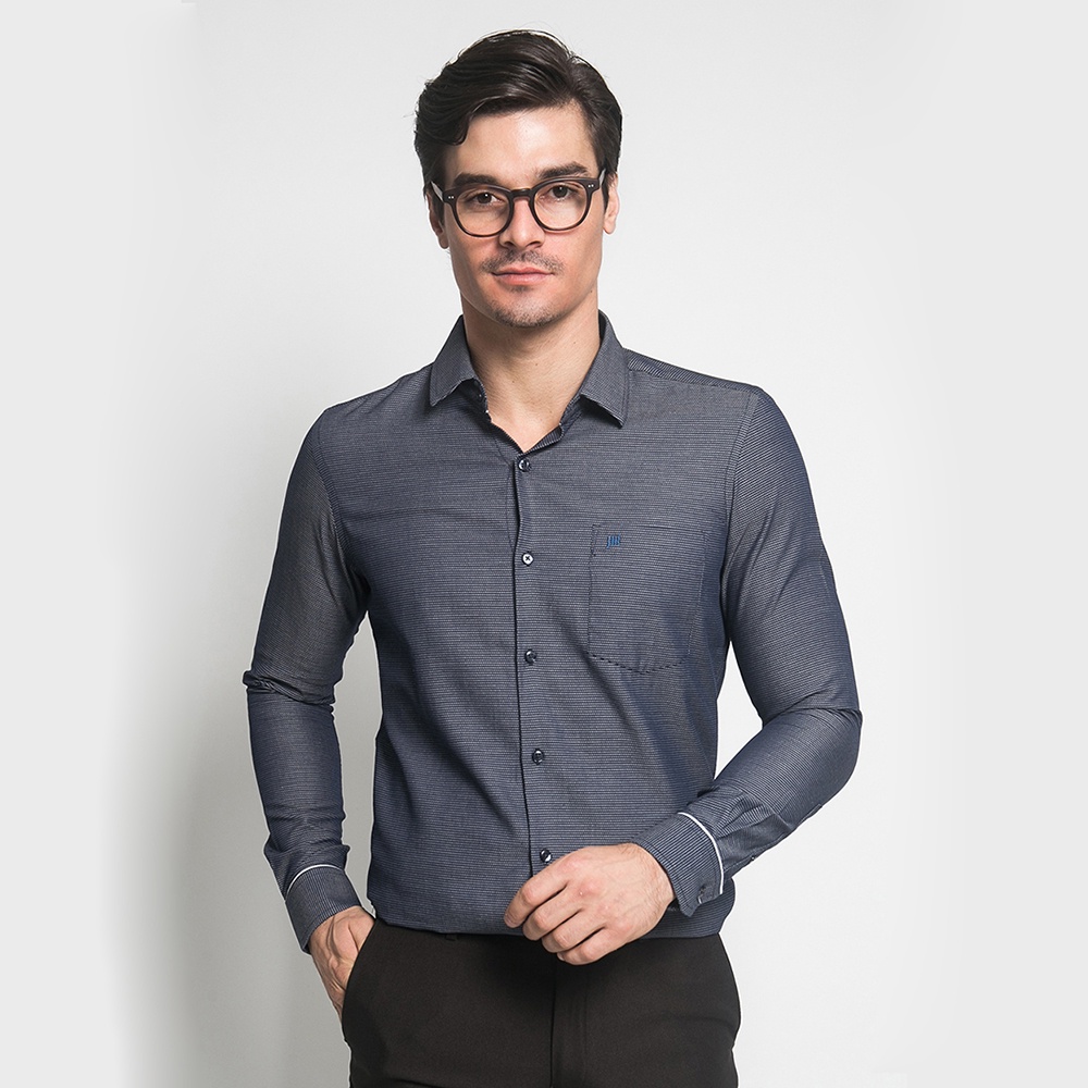Kemeja HITAM [นําเข้า] - เสื้อเชิ้ตทางการ - Small Polka Dot Motif - สีดํา - ทรงเข้ารูป - FSH.650.K394,830.Cl/s - แถมพวงกุญแจ
