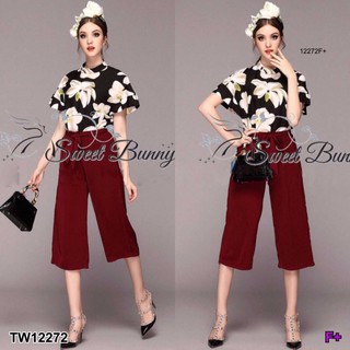 CS12272  Set 2 ชิ้น เสื้อคอจีนลายดอก+กางเกงขาสี่ส่วนผูกเอว