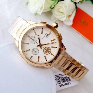 (ผ่อน0%) นาฬิกา 🌼Tory Burch🌼 🌼Collins Chronograph Bracelet Watch TBW1250 🌼หน้าปัดกลม ขนาด 42 mm สแตนเลส สีทอง