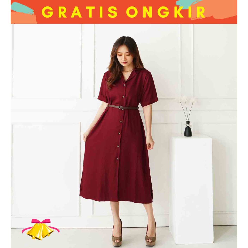 COTTONBELLS CASUAL DRESS WANITA IMLEK CNY SPECIAL SONJA BUTTON MAXI FREE BELT (RM - D 4203)