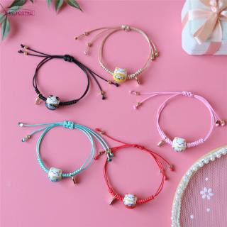 SH Simple Cute Ceramic Lucky Cat Bracelet Hand-woven Red Colors Rope Bangle Women Girls Jewelry Gift