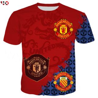 HX New แมนเชสเตอร์ยูไนเต็ด MUFC Red Blue ลูกฟุตบอลเสื้อผ้าบอลเสื้อผ้า 3D พิมพ์แขนสั้นเสื้อยืดกีฬาด้านบน