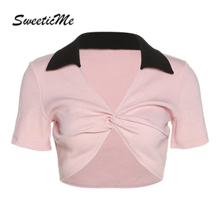 Sweeticme เสื้อยืดครอป แขนสั้น คอปก สีตัดกัน สําหรับผู้หญิง 2022