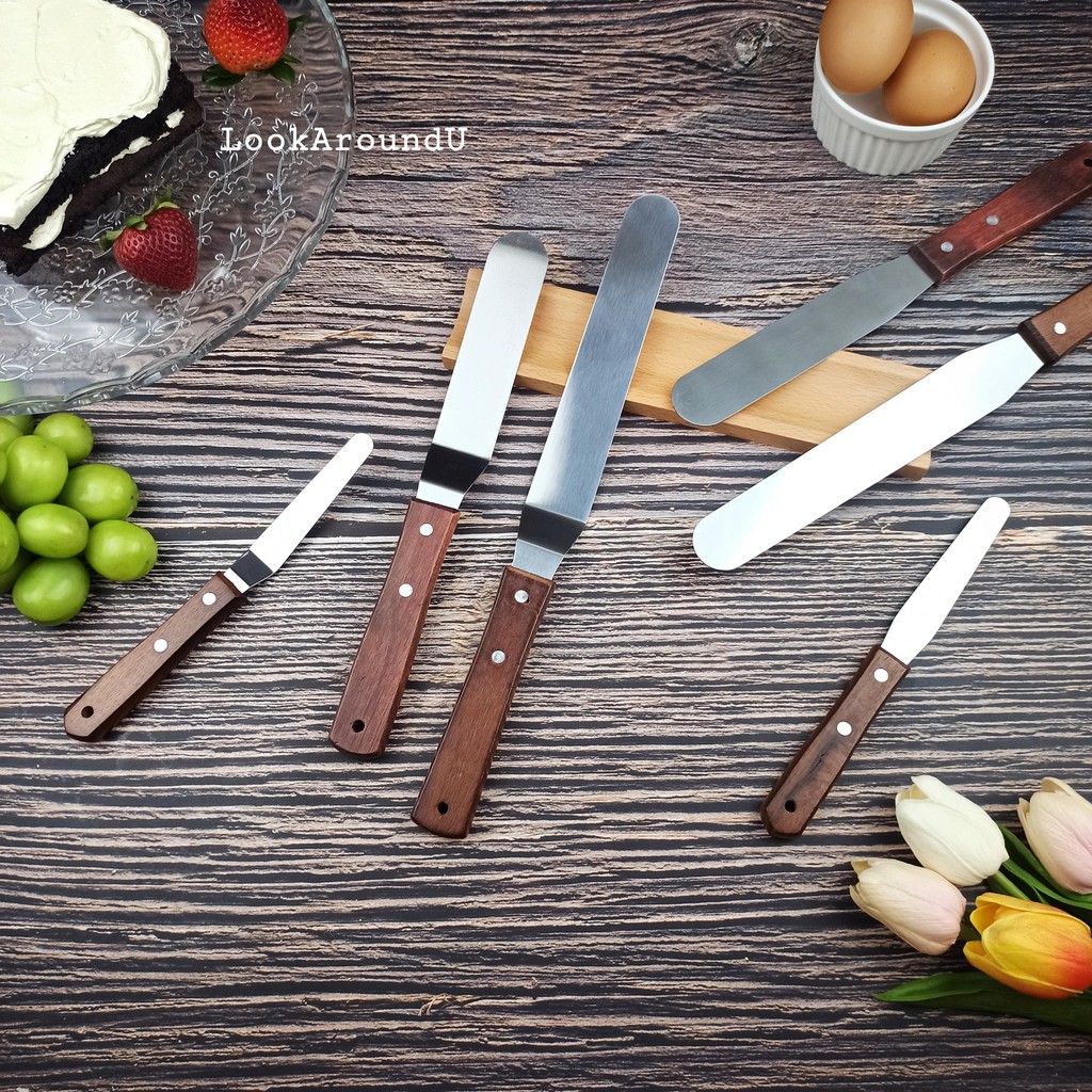 [ส่งทุกวัน] สปาตูล่า สแตนเลสเนื้อหนา (ดามไม้) ตรง/งอ 4” 6” 8” Stainless Steel Spatula