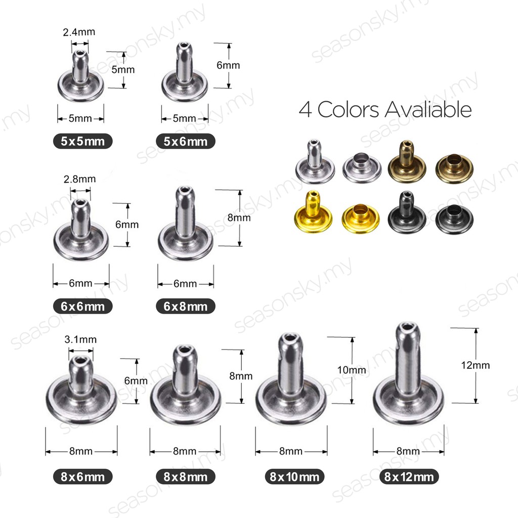 100 ชุด Double Cap Rivets Studs สําหรับหนัง-crafts 5 มม., 6 มม., 7 มม., 8 มม., 9 มม., 10 มม., 12 มม.